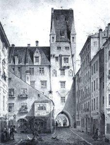 WikiCommons: Der Alte Hof in München, Radierung von 1869 von Carl August Lebschée