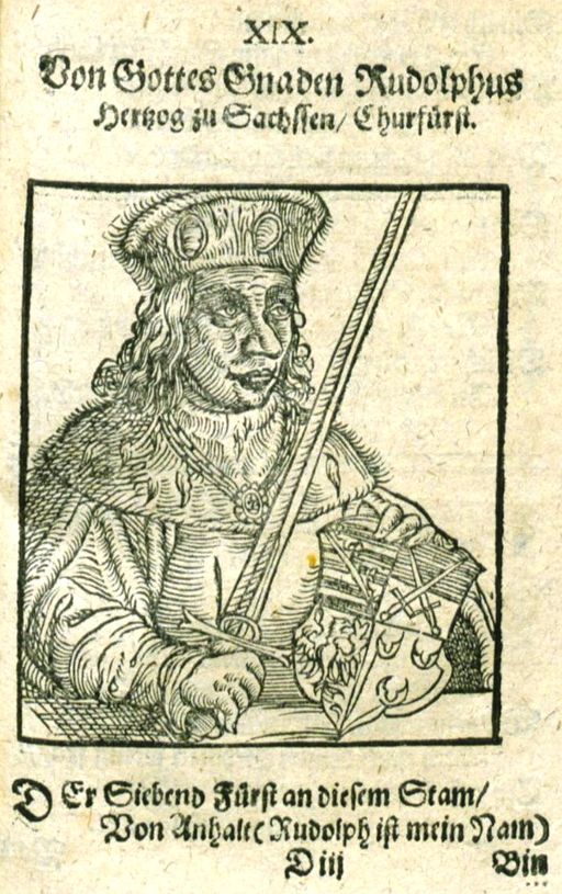 Bildnis Rudolf III. nach Johann Agricola 1562. Von Johann Agricola († 1590) - Johann Agricola: Bildnisse etlicher Fürsten und Herren ... Wittenberg 1562, Gemeinfrei, https://commons.wikimedia.org/w/index.php?curid=25460990